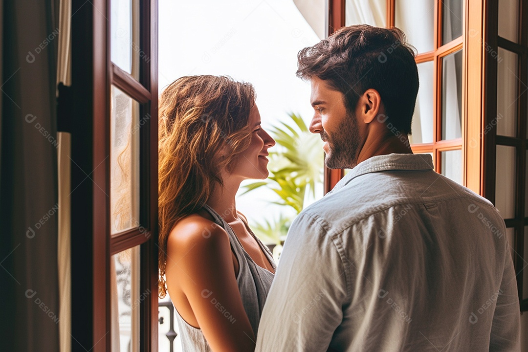 Casal apaixonado se olhando perto da janela em uma viagem de lua de mel