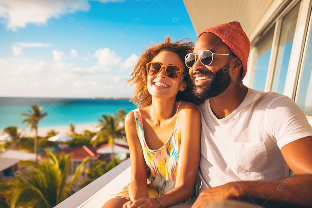 Casal de namorados felizes em um hotel na praia