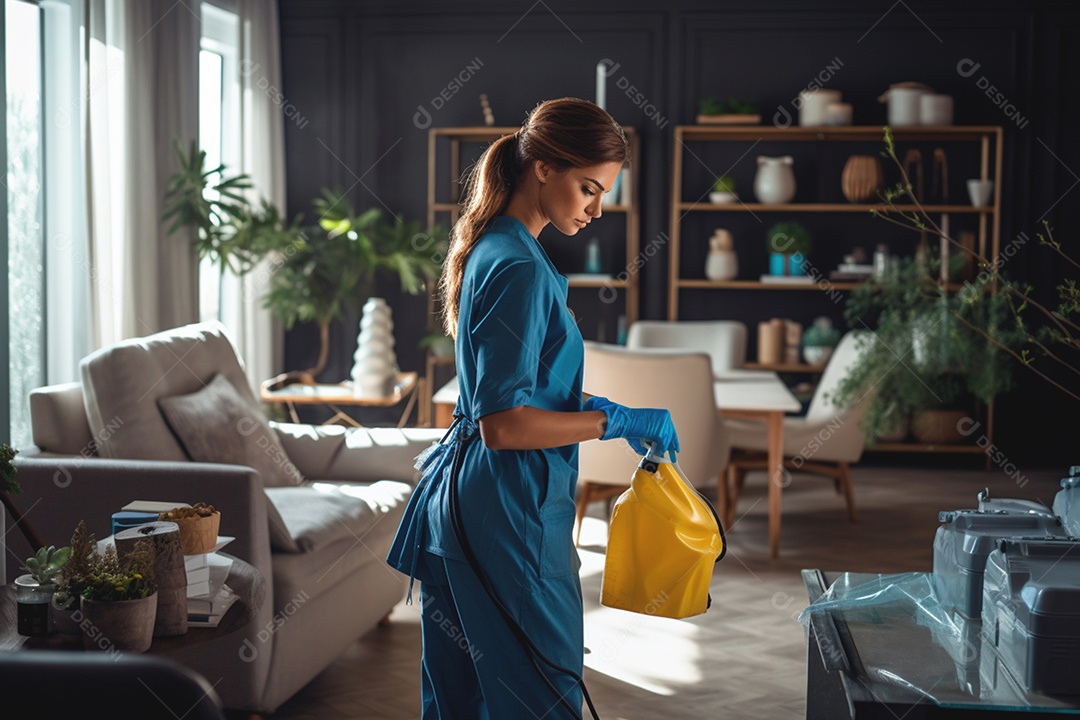 Limpadora executando tarefas detalhadas de limpeza profissional