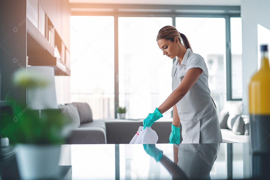 Limpadora executando tarefas detalhadas de limpeza profissional