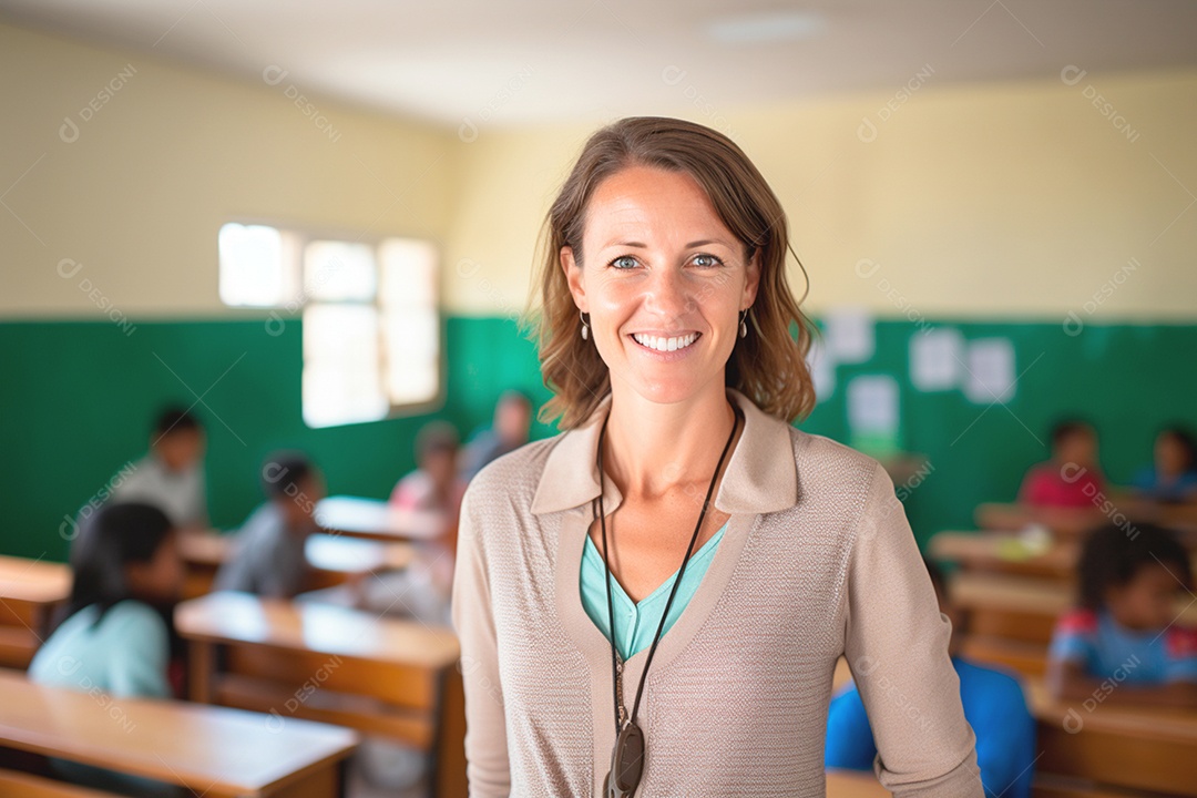 Educadora confiante sorrindo com ambiente de sala de aula