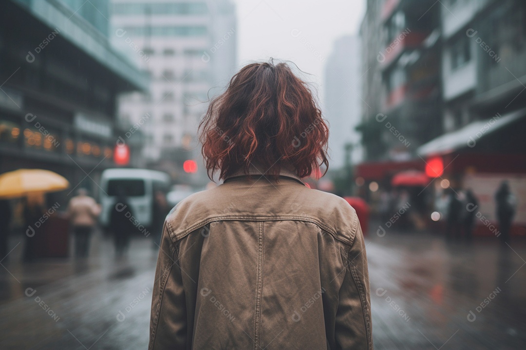 Woman walking alone in the streets of a city in the rain