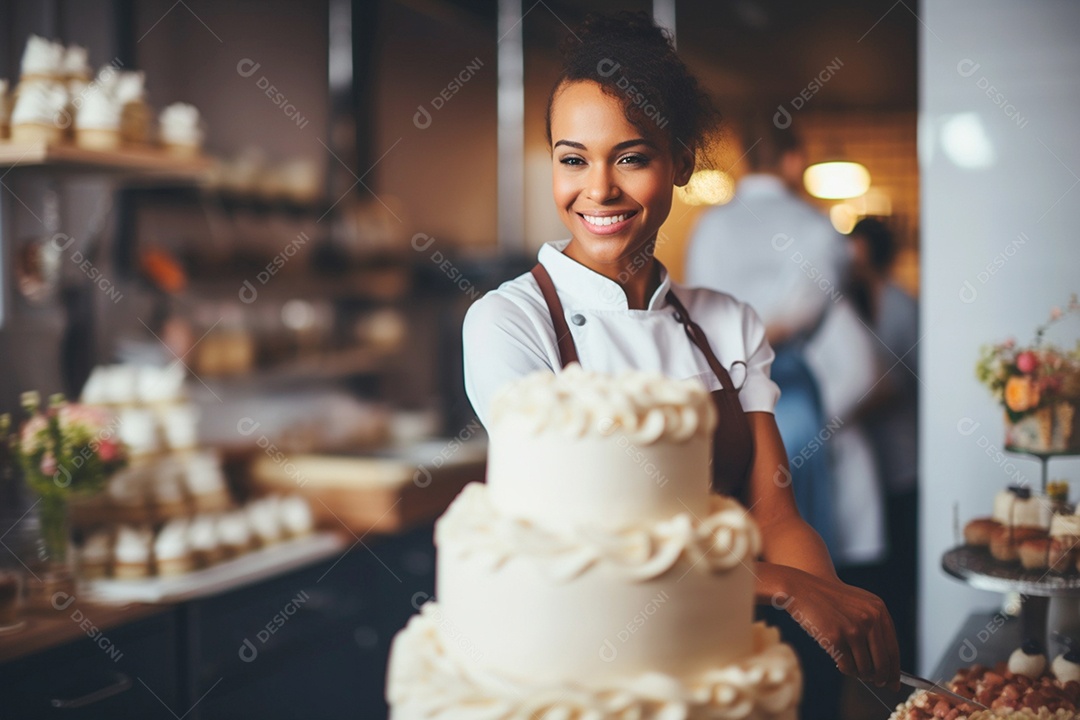 Mulher confeiteira mostrando bolo perfeito