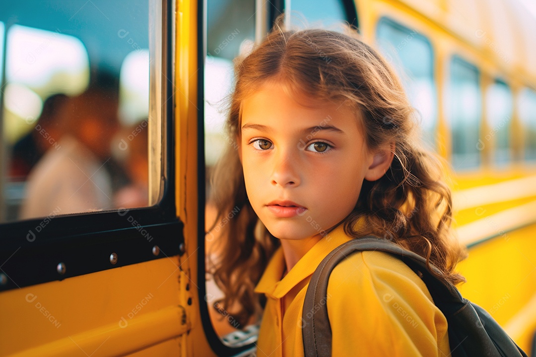 Linda garotinha entrando em um ônibus escolar