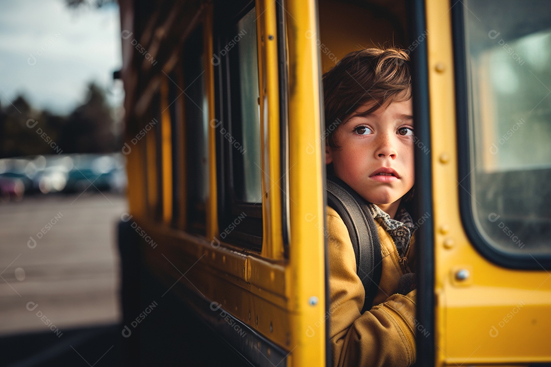 Um garotinho no ônibus escolar