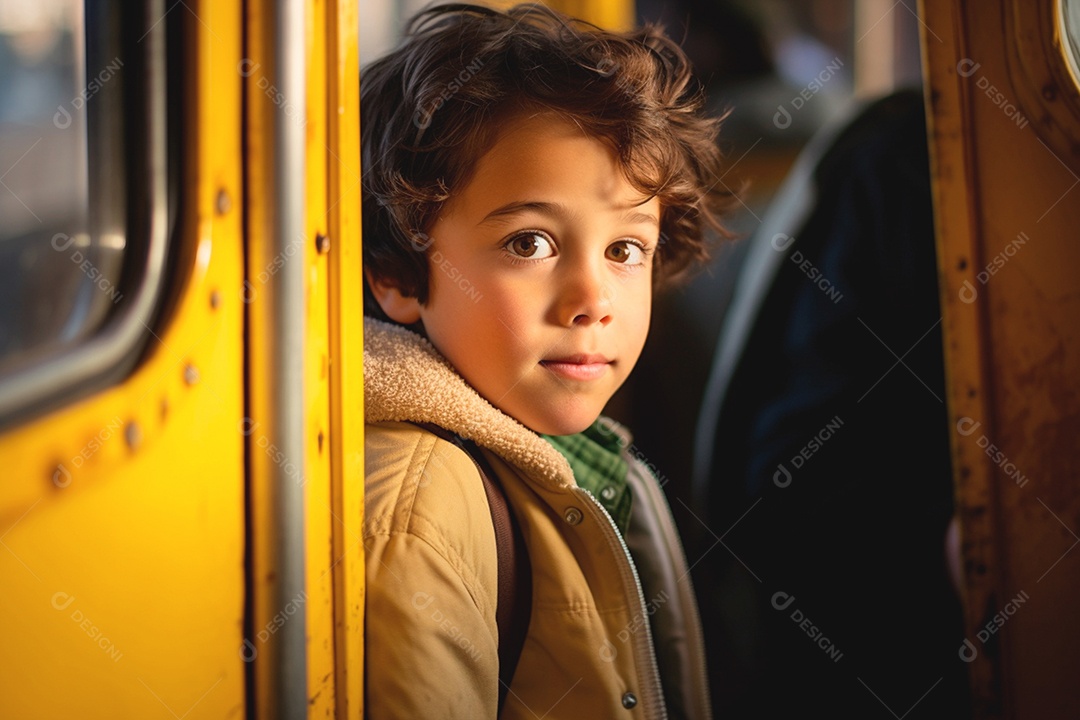 Um garotinho descendo do ônibus para voltas as aulas