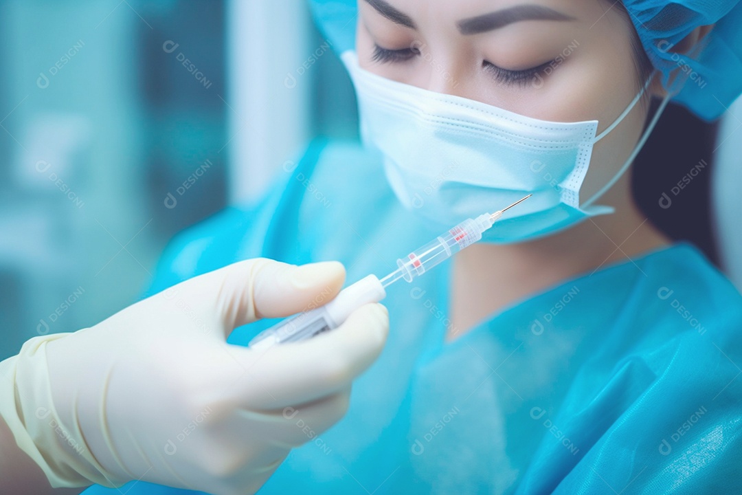 Médica enfermeira com máscara cirúrgica observando a vacina que é administrada