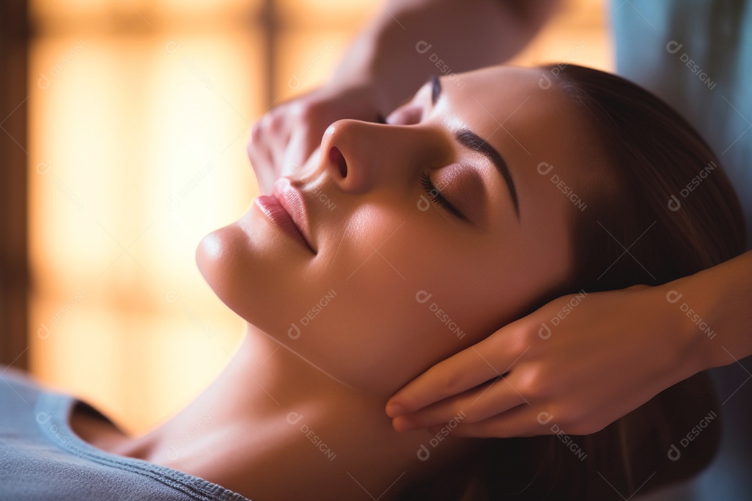 Mulher em um spar relando fazendo massagem facial