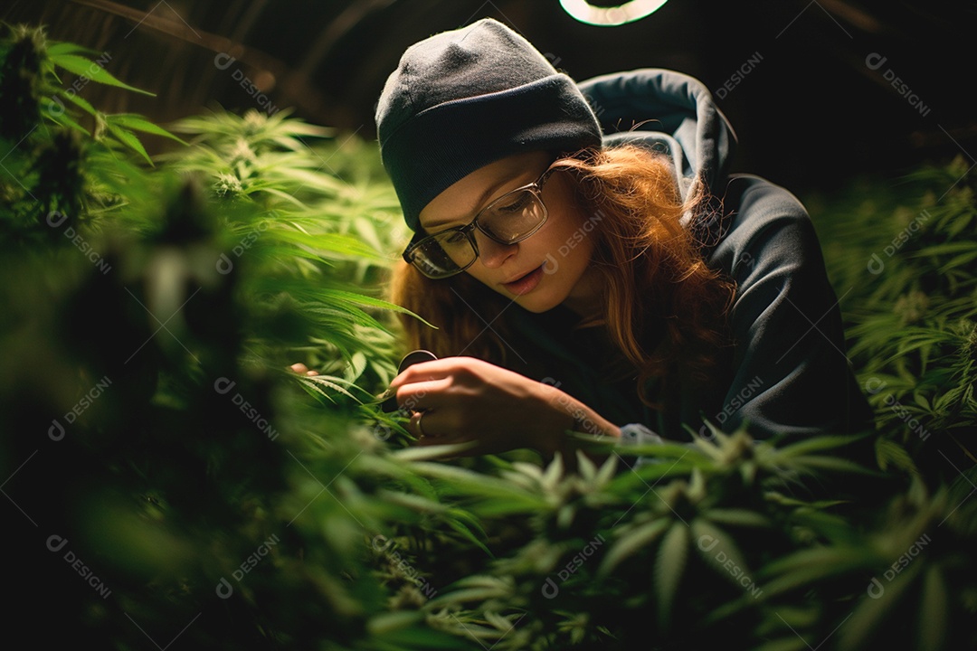 Mulher em meio a folhas de maconha pesquisando e cultivando maconha