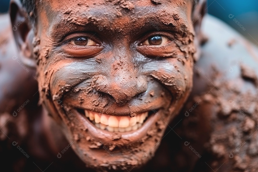 O homem encharcado de lama sorri com evidente alegria