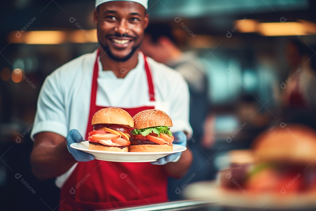 Chef entregando uma bandeja com um deliciosos hambúrgueres