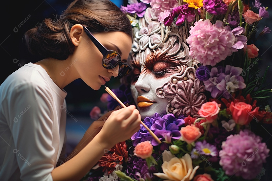 Mulher fazendo arte com pinturas e flores