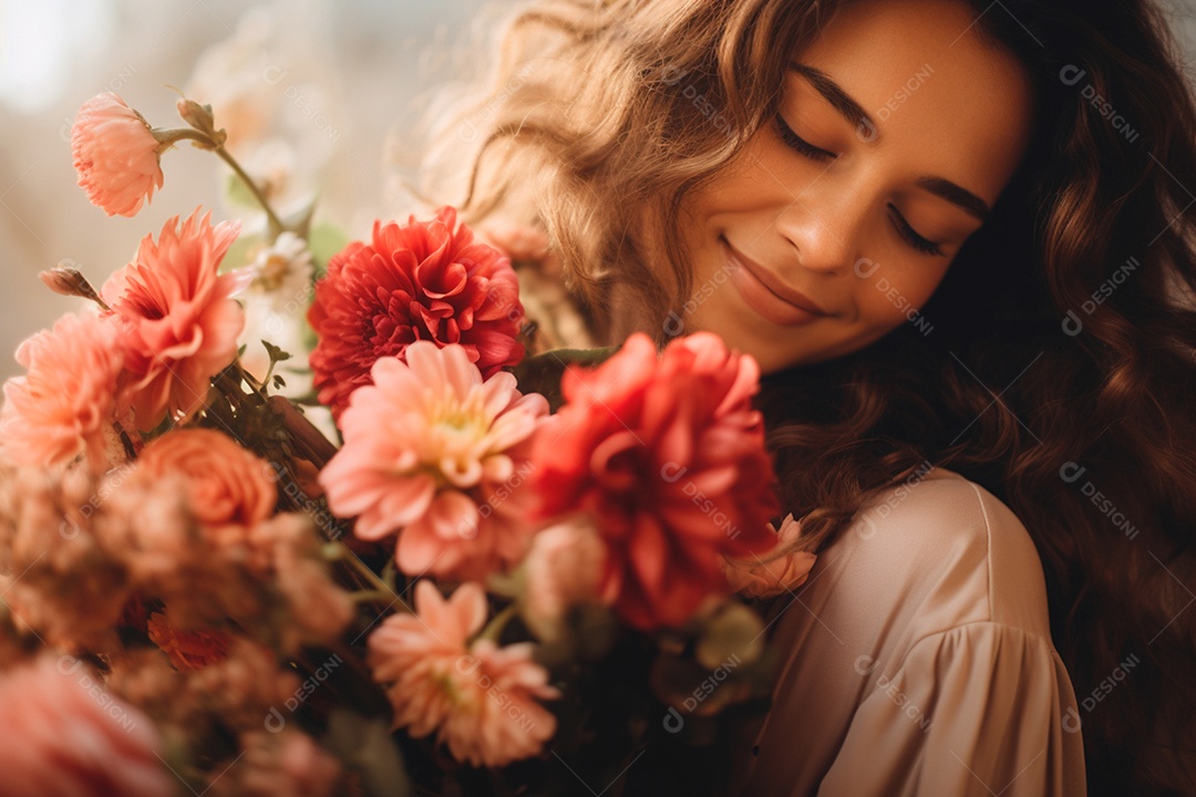 Mulher linda feliz com buquê de flores