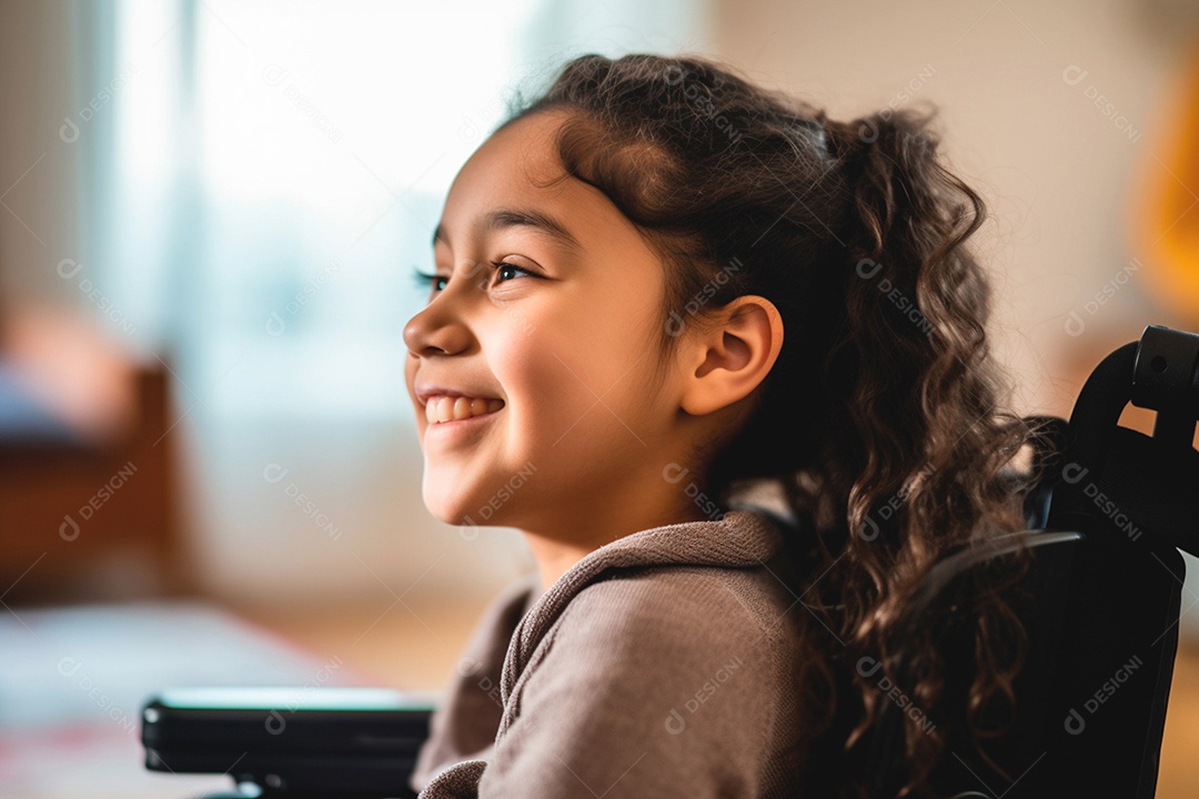 Uma menina encantadora em uma cadeira de rodas exibindo um sorriso