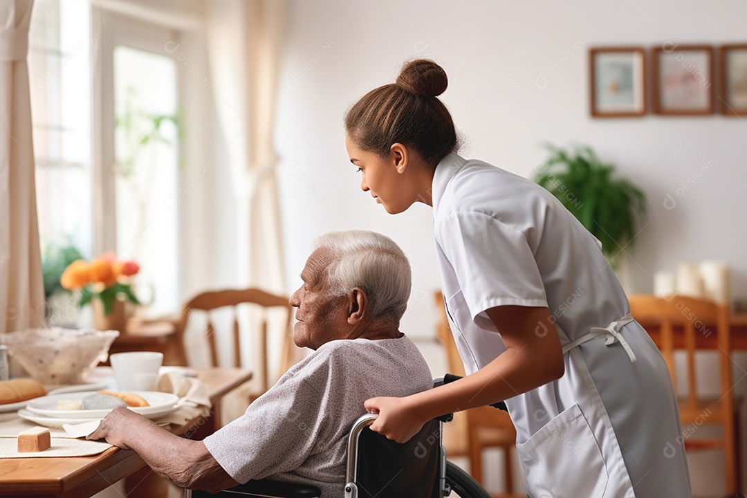 A jovem auxilia o idoso na manutenção de sua higiene pessoal
