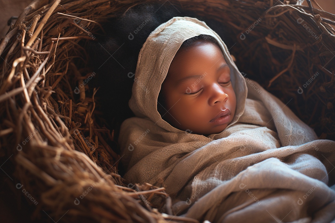 Um lindo bebê dormindo e uma caminha de palha