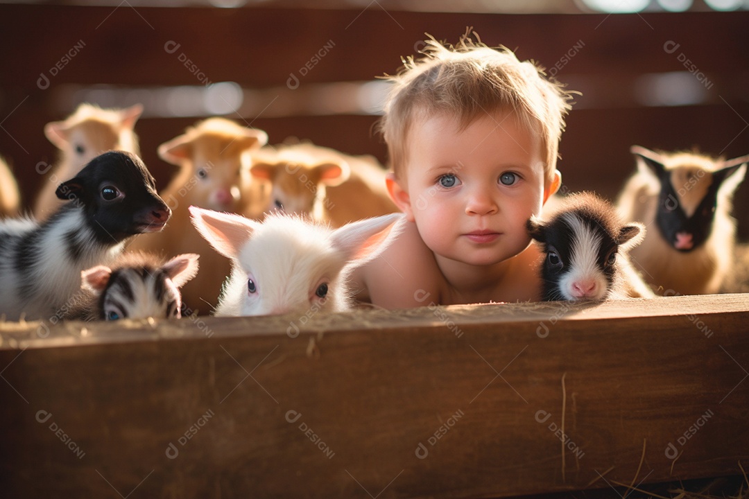 Lindo menino ao lado de animais fofos