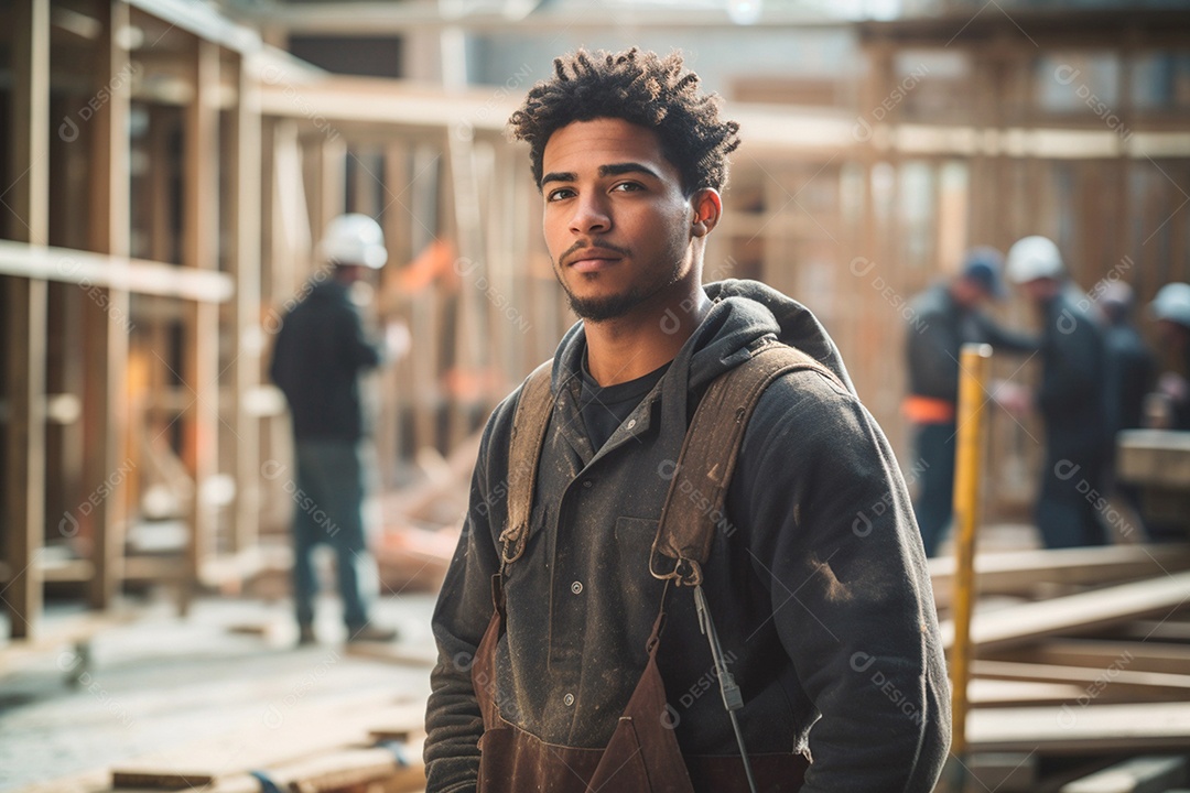 Um trabalhador da construção civil olhando para a foto