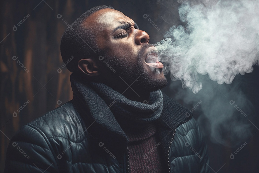 Um homem exalando fumaça com uma expressão preocupada
