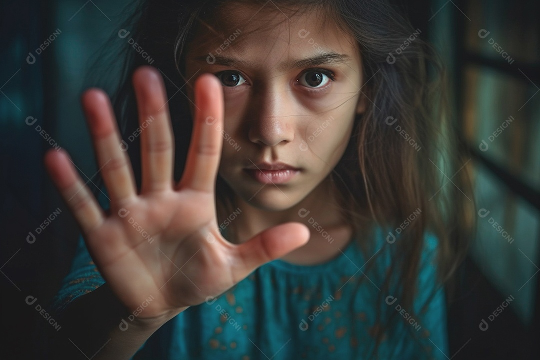 Uma criança sinalizando pare com a mão