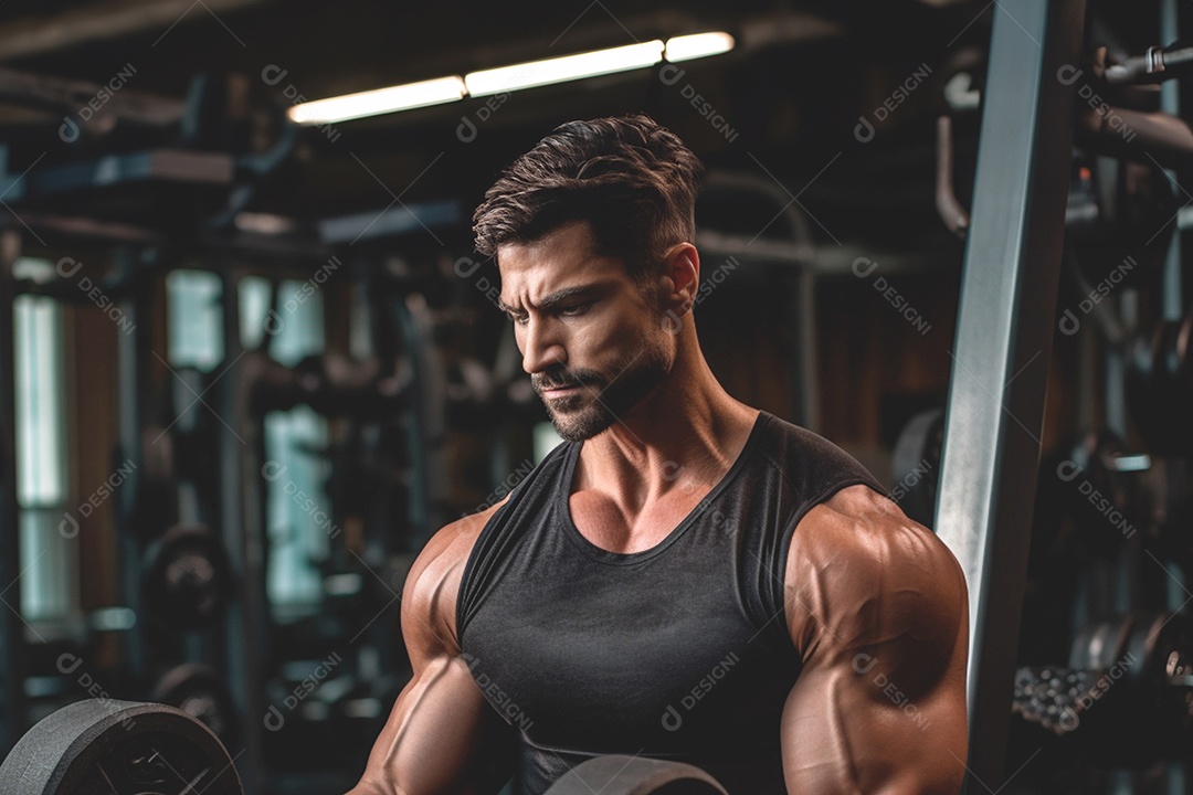 Um homem atlético treinando rigorosamente na academia