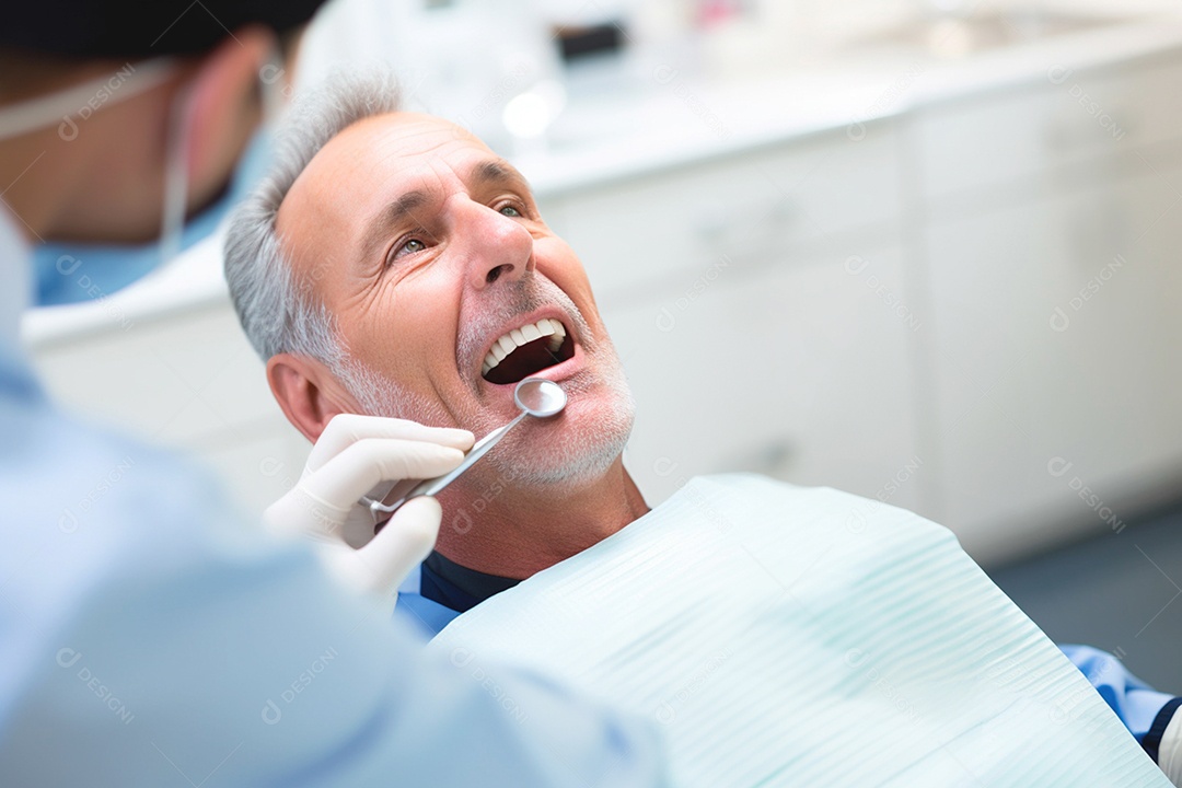 Um homem sorri em um consultório de odontologia