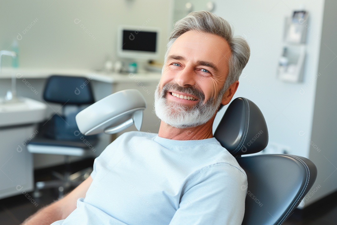 Indivíduo elegante com sorriso bem preparado no consultório do dentista