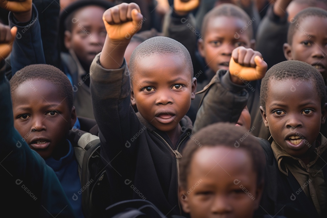Crianças negras levantam os punhos em protesto contra o racismo e o preconceito
