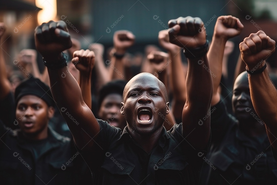 Os homens negros cerram os punhos em protesto contra o racismo e pela igualdade