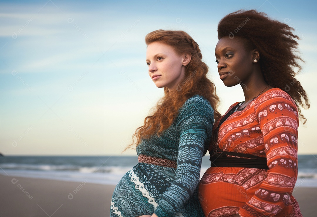 Duas mulheres grávidas curtindo na praia