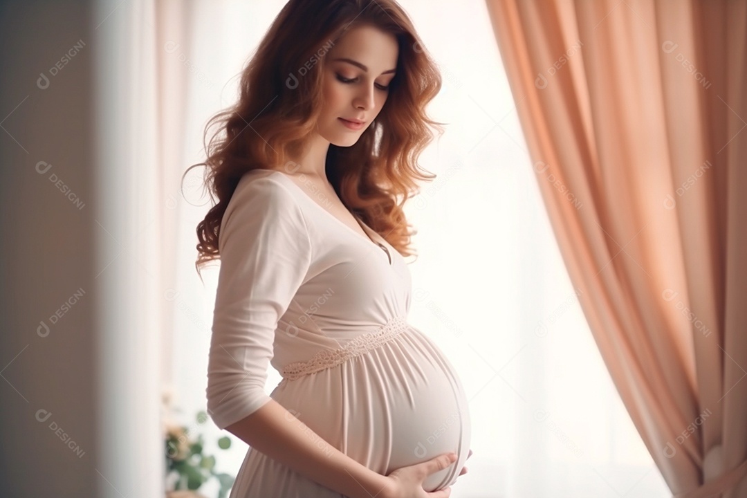 Linda mulher gestante segurando na sua barriga