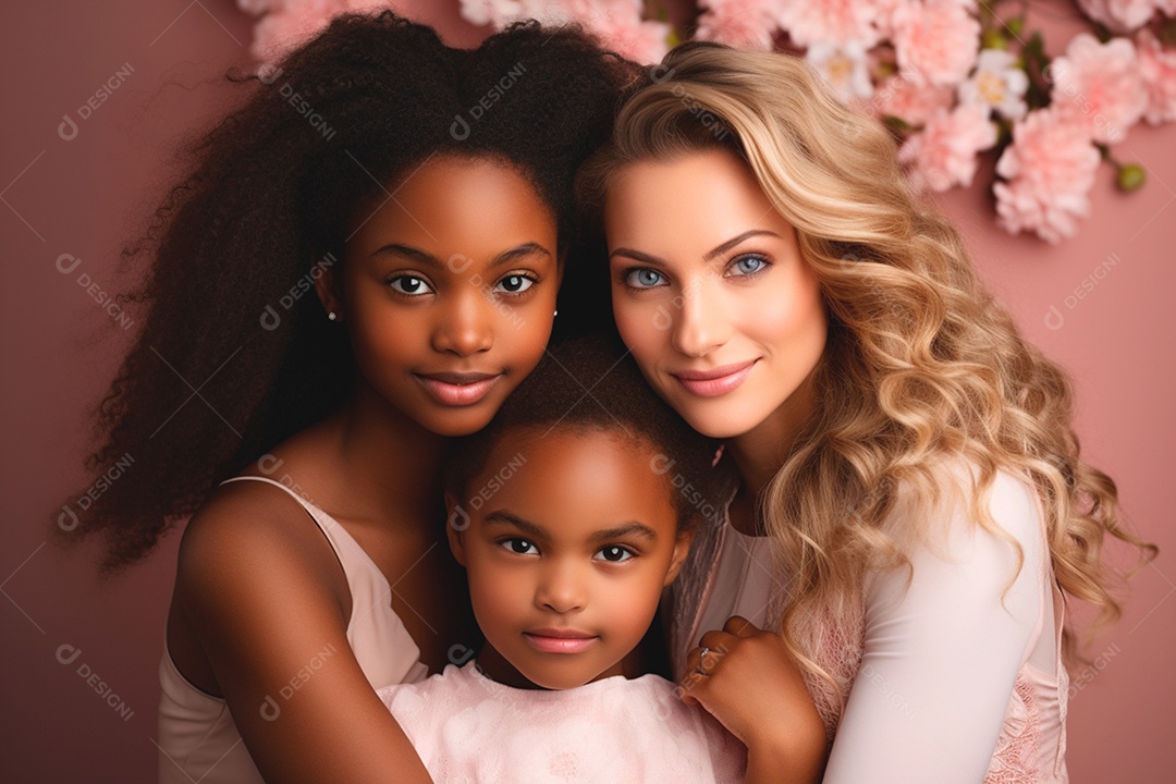 Mãe ao redor abraçando seus filhos com amor maternal