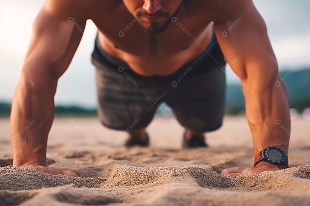 Homem fazendo flexão na praia