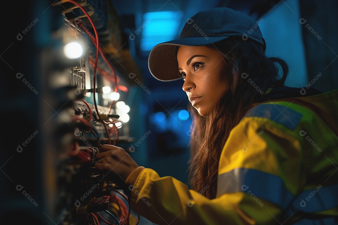 Mulher técnica competente em eletricidade industrial