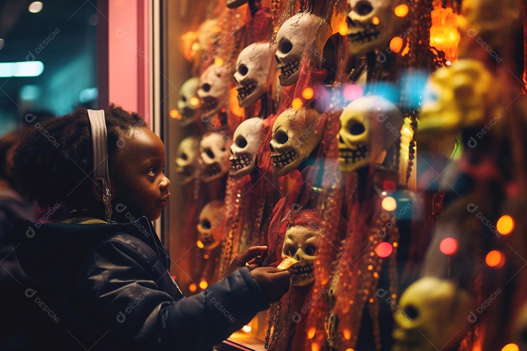 Criança escolhendo fantasias de Halloween