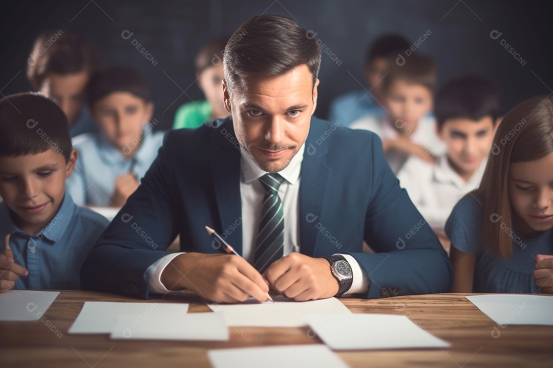 Um professor sentado em uma mesa avaliando as tarefas dos alunos