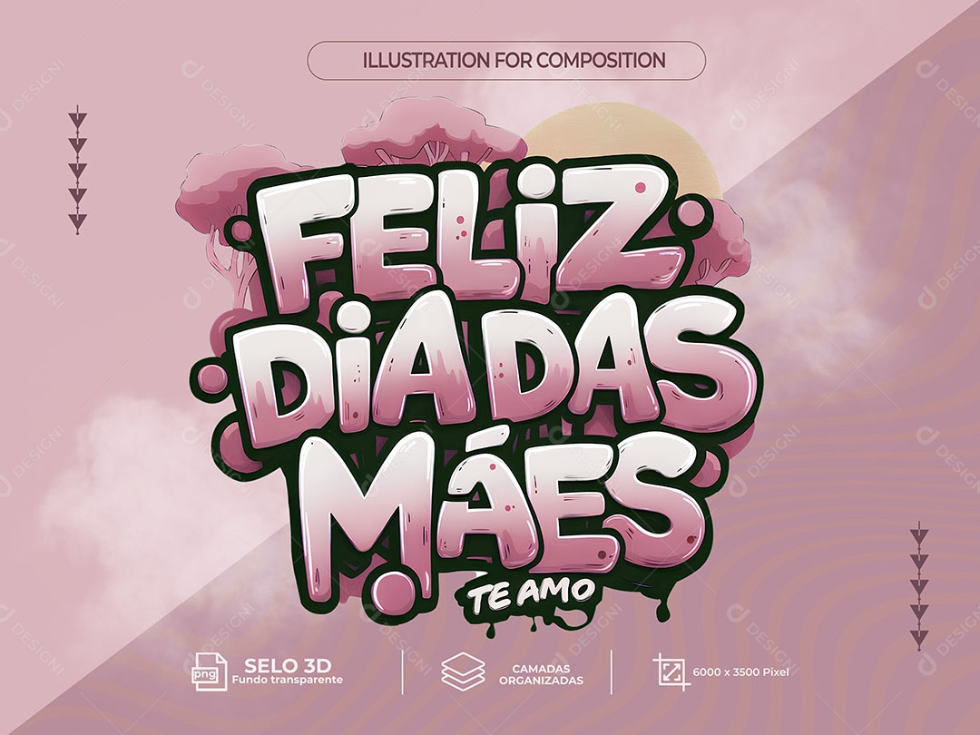 Feliz Dia das Mães Selo 3D para Composição PSD