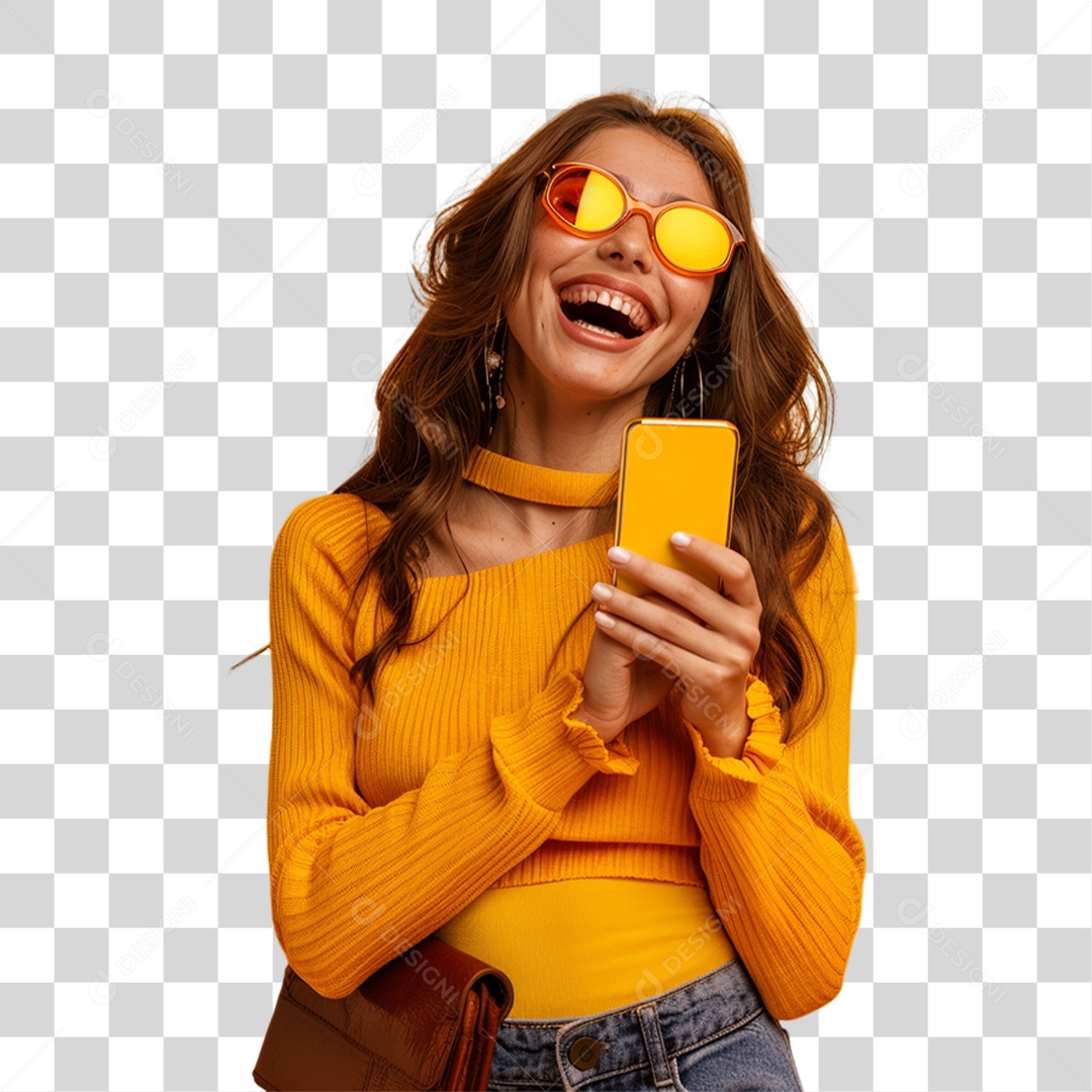 Mulher com Celular nas Mãos PNG Transparente