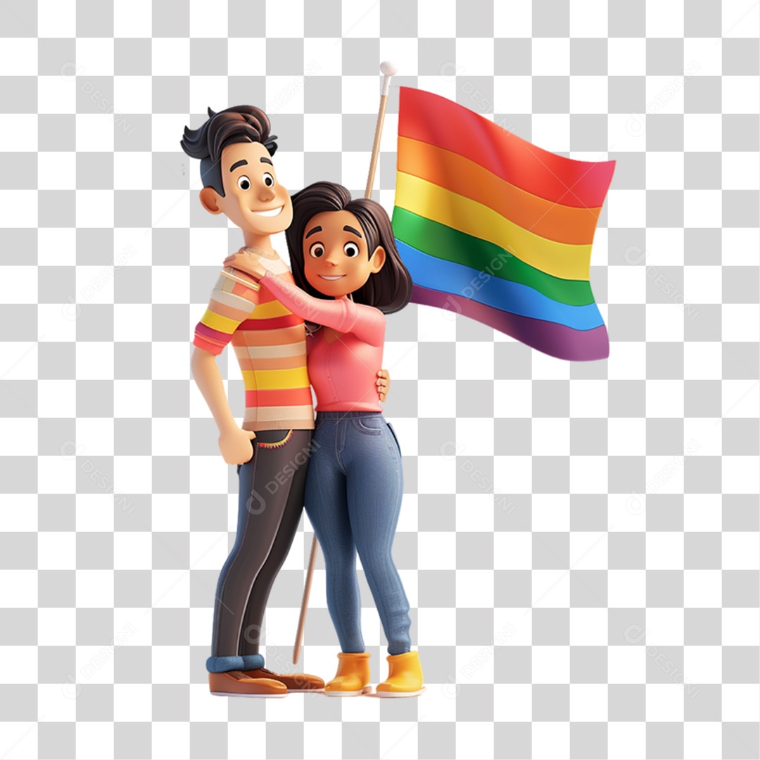 Elemento 3D Casal com Bandeira Colorida LGBT PNG Transparente
