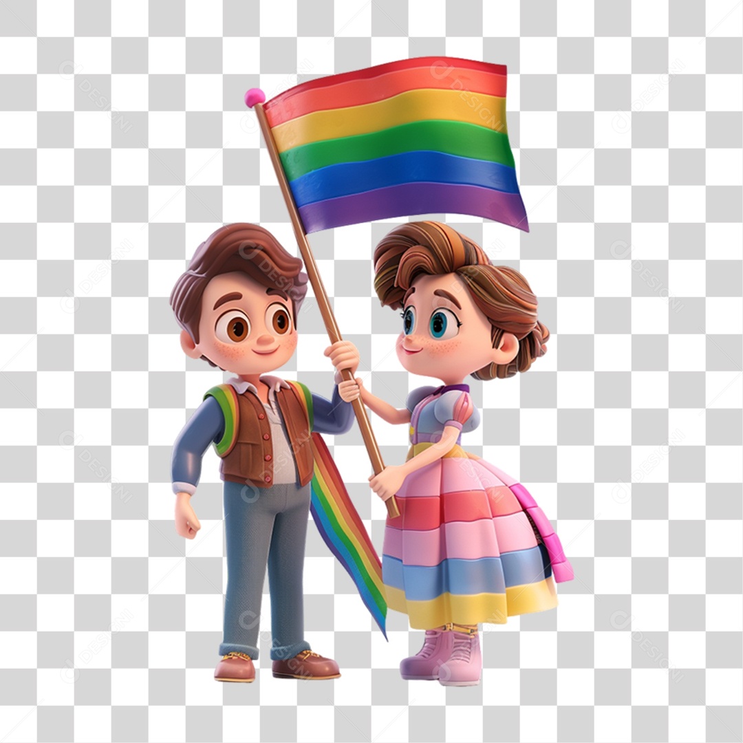 Elemento 3D Casal com Bandeira Colorida LGBT PNG Transparente