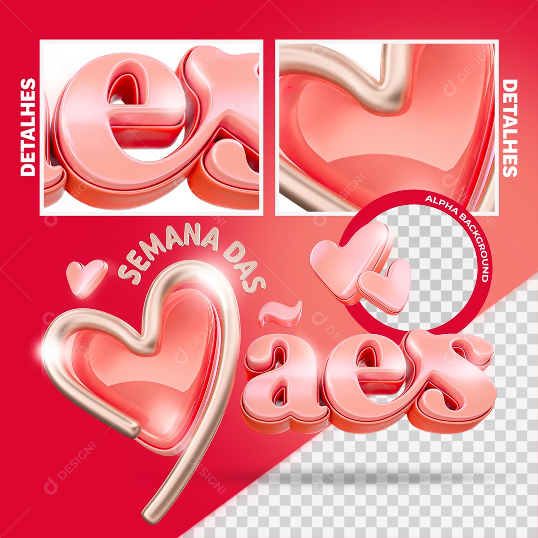 Semana das Mães Selo 3D Rosa e Dourado para Composição PSD