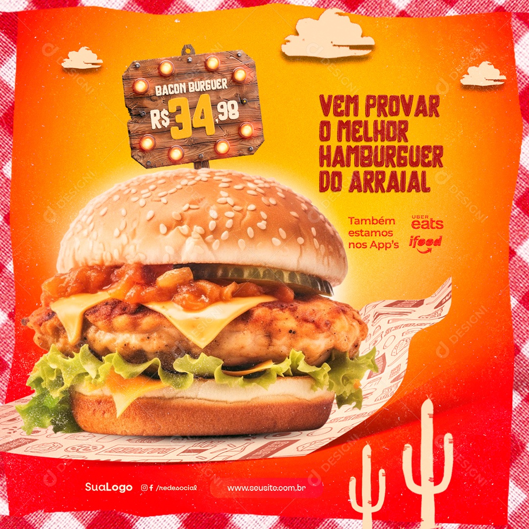 Hamburgueria São João Bacon Burguer Vem Provar o Melhor Social Media PSD Editável