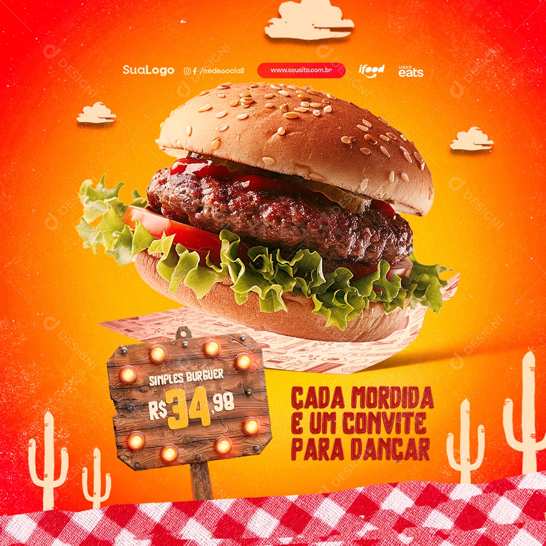 Hamburgueria São João Simples Burguer Cada Mordida é um Convite Social Media PSD Editável