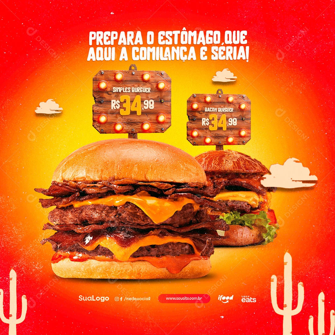 Hamburgueria São João Simples Burguer Bacon Burguer Social Media PSD Editável