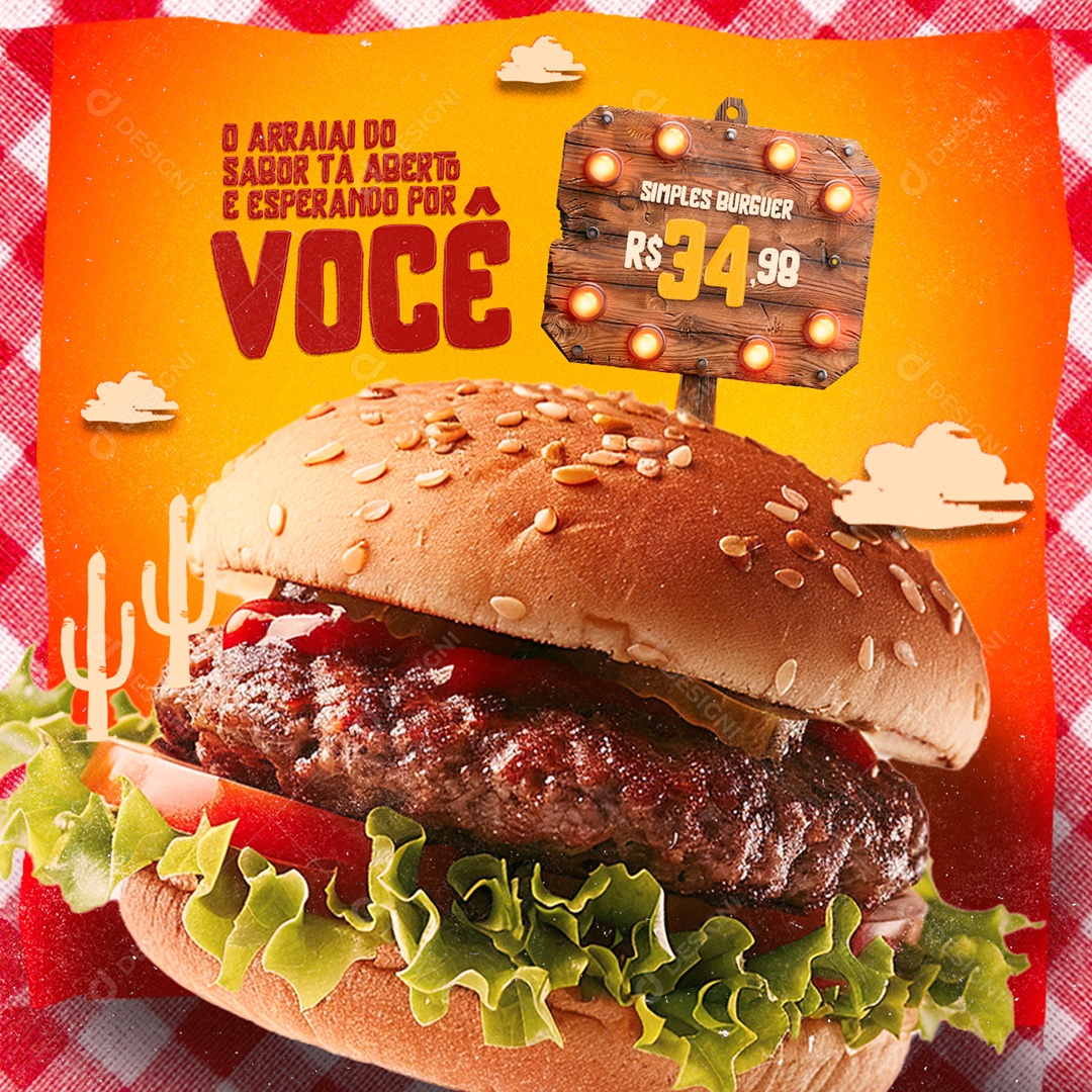 Hamburgueria São João O Arraia do Sabor Tá Aberto Simples Burguer Social Media PSD Editável