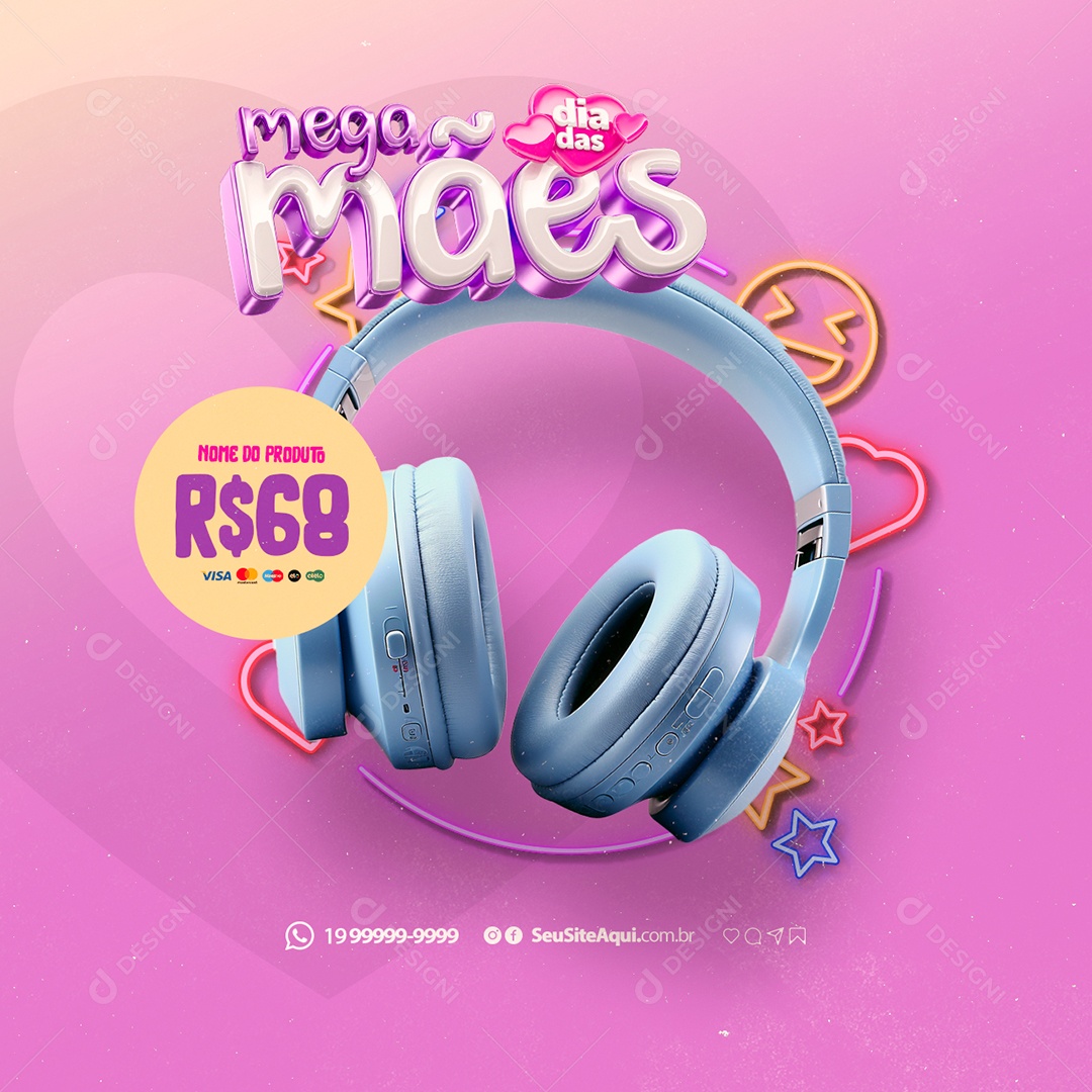 Loja de Eletrônicos Mega Dia das Mães Fone de Ouvido Sem Fio Social Media PSD Editável