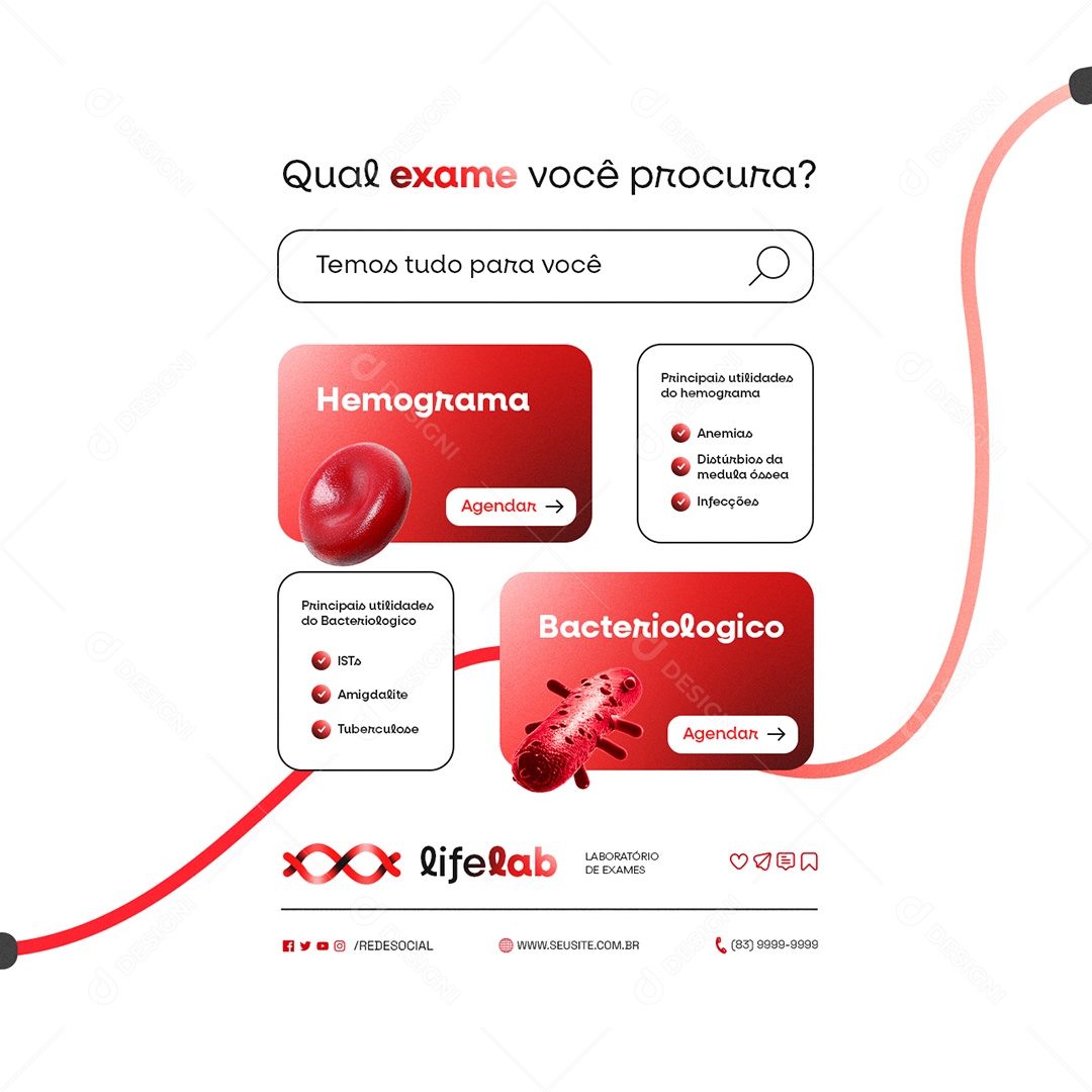 Laboratório de Exames Qual Exame Você Procura Hemograma Bacteriológico Social Media PSD Editável