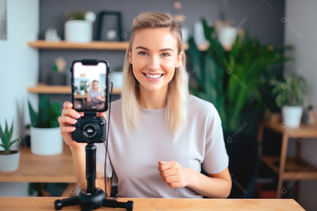 Uma influenciadora fala em seu telefone compartilhando ideias com seus seguidores