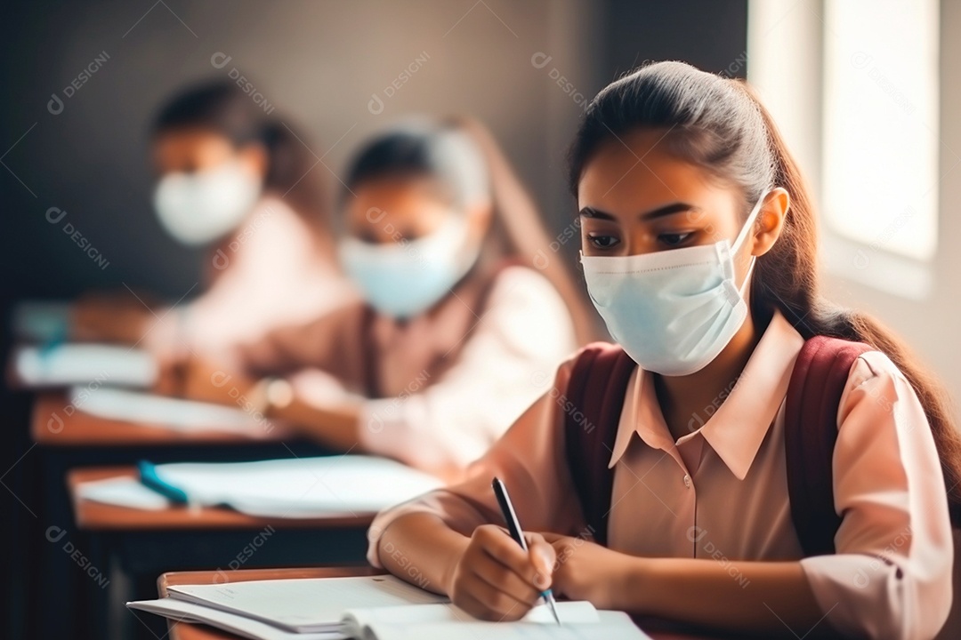 Volta as aulas alunas usando máscara para prevenir doenças