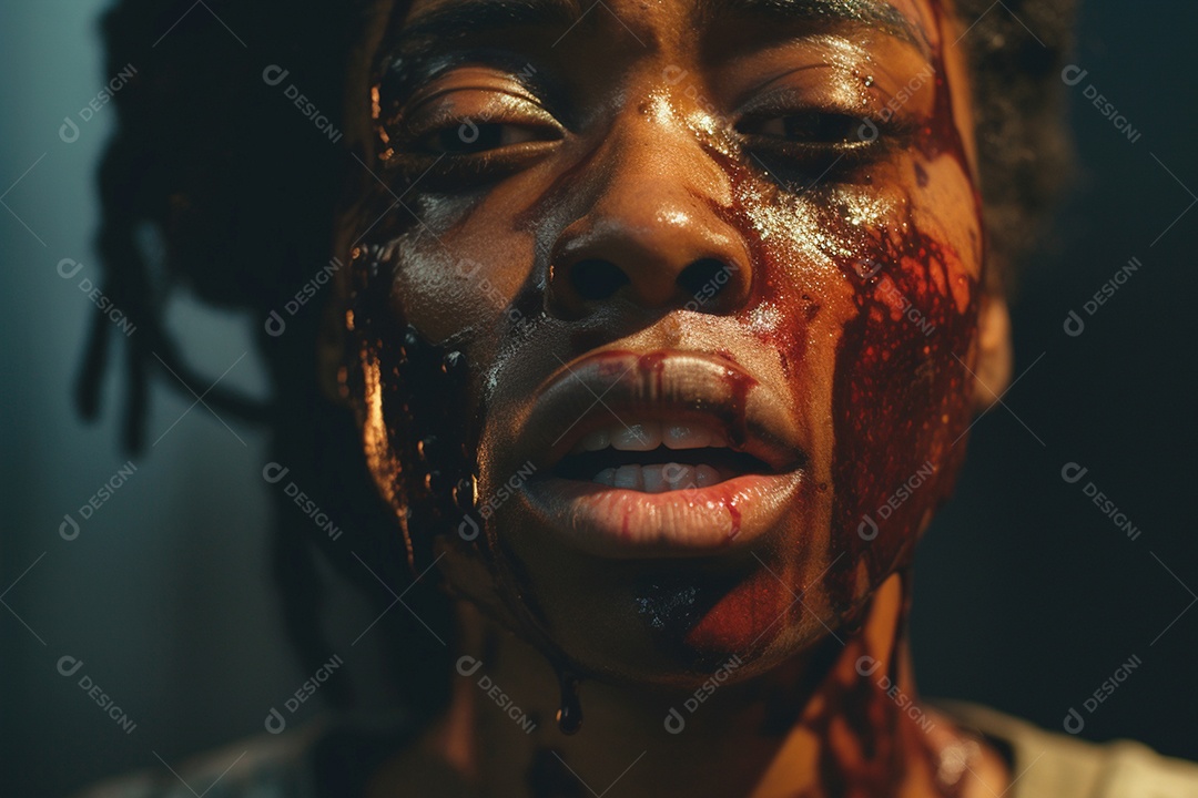 Ativista negra com pintura facial simbolizando combate contra violência da mulher